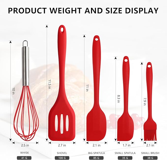 NileHome 4 Pack Silicone Spatula and Whisk Kitchen Utensils with Silicone Brush Heat Resistant BPA-free Rubber Spatula for Scraping, Baking, Cooking, Mixing- Red