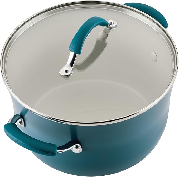 Rachael Ray Cucina Ceramic Cookware Set - 13 Pieces - Ceramic Pots and Pans Set w/Nonstick Frying Pans, Saute Pan, Saucepans, Stockpot, Lids, Pan Protectors & Cooking Utensils - Marine Blue