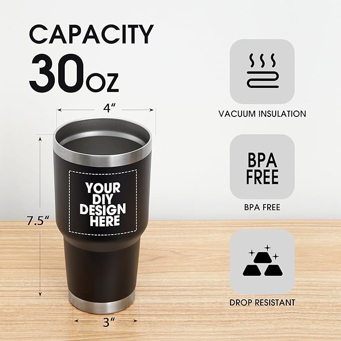 Personalized Custom Tumbler Print in USA 30oz Stainless Steel Coffee Cup with Lid & Straw Double Wall Insulated Tumbler with Colorful Text Logo Photo