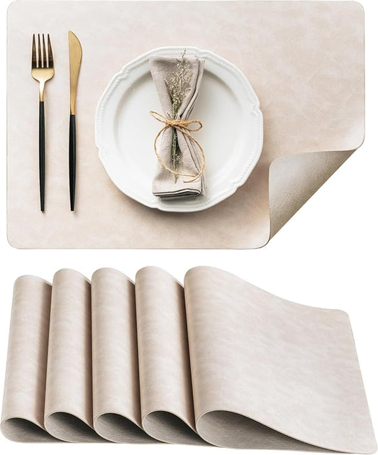 DOLOPL Placemats Set of 6 Reversible Dual-Color Table Placemats – Heat Resistant Wipeable & Washable Place Mats, Luxury Faux Leather Table Mats for Vintage Dining Table Decor (Beige & Light Grey)