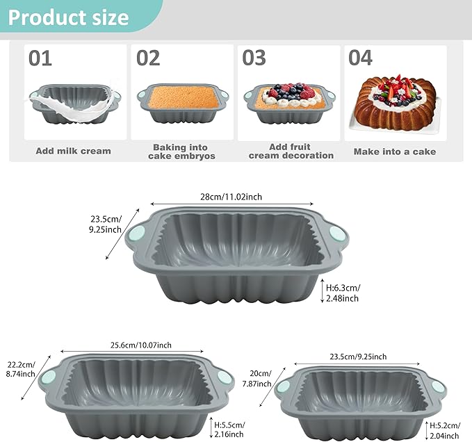 3-Piece Silicone Square Cake Pan Set, Metal-Frame Non-Stick Baking Trays, Jelly Molds, Non-Stick Grooved Cake Molds, Suitable for Breads, Meat Patties, Cakes, 5/7/9 Cups, Light Gray