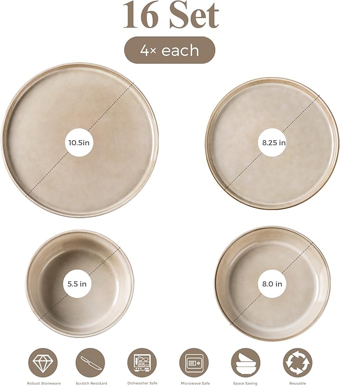 GBHOME 16 Pieces Double Bowls Ceramic Dinnerware Sets for 4, Stoneware Plates and Bowls Set with Reactive Glaze, Scratch Resistant Stoneware Dishes Set, Dishwasher & Microwave Safe