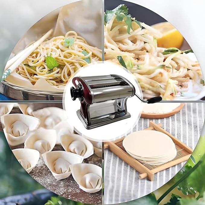 Manual Pasta Maker Machine – Stainless Steel Noodle Roller with Built-in 2mm & 4mm Cutters for Homemade Pasta, Lasagna, Fettuccine (Red, 2mm +4mm)