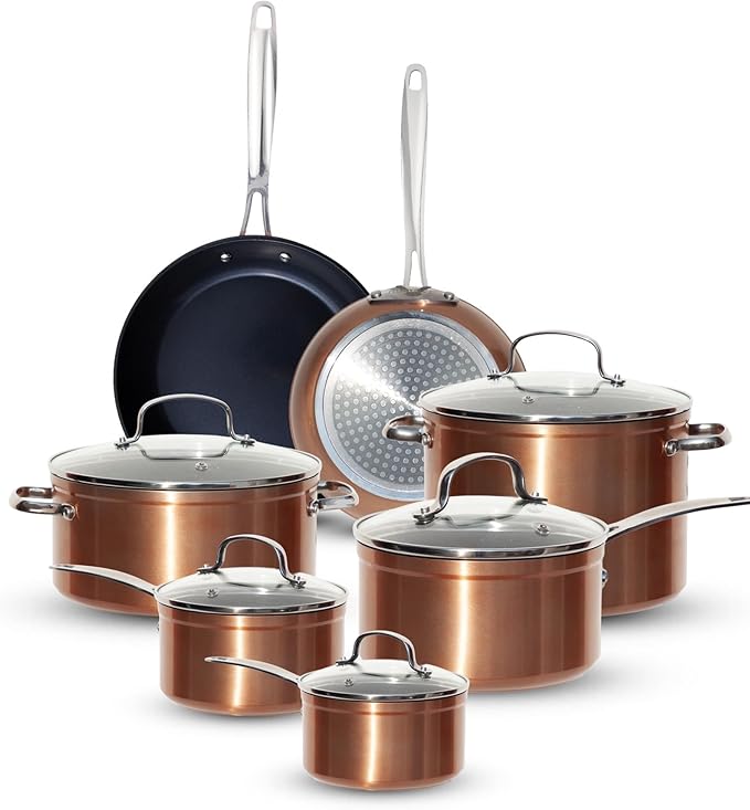 Nuwave Healthy G11-Pots and Pans Set Non Stick, 9H Near-Diamond Hardness Scratch-Resistant, Works on All Stovetops, PFAS Free, with Frying Pans, Saucepans & Glass Lids, Stay-Cool Handles, Copper