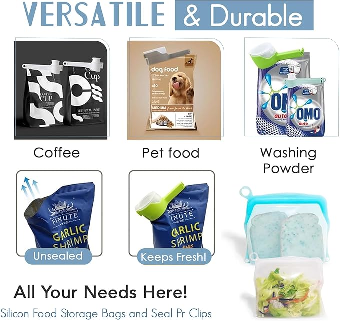 Silicone Food Storage Bags & Bag Clips with Pour Spout - Pack of 6 - Reusable, BPA-Free, Leak Proof Zip Bags – Freezer, Microwave & Dishwasher Safe – Airtight Food Storage & Sealing Clips for Snacks