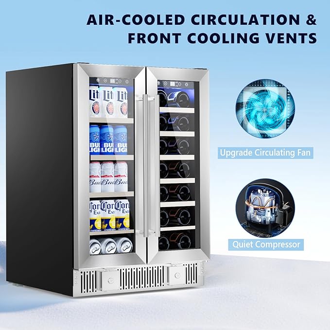 Dual Zone Wine Cooler with Glass Door, 21 Bottles and 88 Cans Wine and Beverage Refrigerator, 4.4 cu.Ft 24 Inch Built in or Under Counter Wine Fridge with LED Light, Two Door Lock