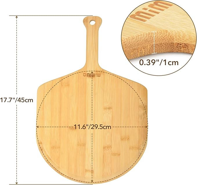 Natural Bamboo Pizza Peel - 12 Inch Wooden Pizza Spatula for Baking Homemade Pizza Bread and Cutting Fruit Vegs