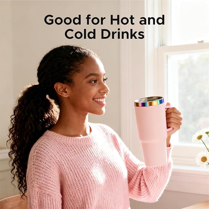 OMTech 40 oz. Tumblers with Handle & Lid, 12 Pack Tumbler Bulk with Double Wall Vacuum Insulation, Food-Grade Stainless Steel Insulated Coffee Mug, Sweatproof Travel Mug for Hot Cold Drinks, Pink