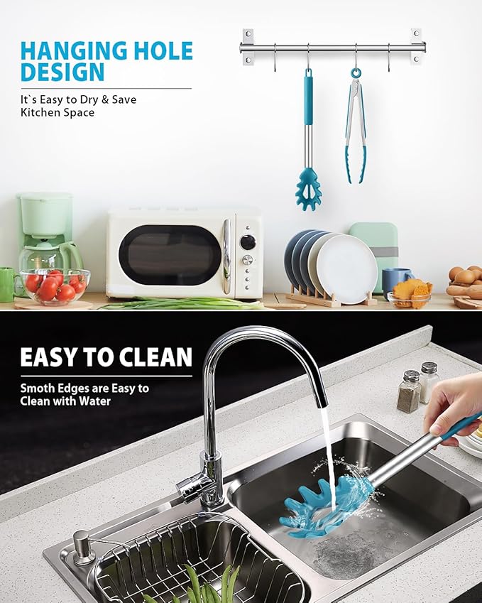 Spaghetti Spoon and Pasta Tong, Non-stick Silicone Spoon Server Fork With Teeth and Stainless Steel Handle, Food Clip for Noodles (Blue)