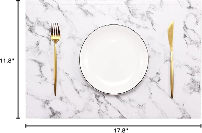 Marble Faux Leather PU Placemats, Set of 6, Easy to Clean, Heat & Stain Resistant for Dining Kitchen Table, Office Conference, Home Decor