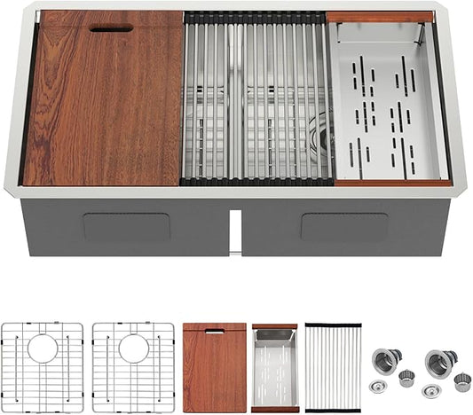 Mocoloo Double Bowl Kitchen Sinks - 50/50 Undermount Double Bowl 16 Gauge Low Divide Workstation 33 x 19 Inch Stainless Steel Sink Handmade, 10'' Deep Basin