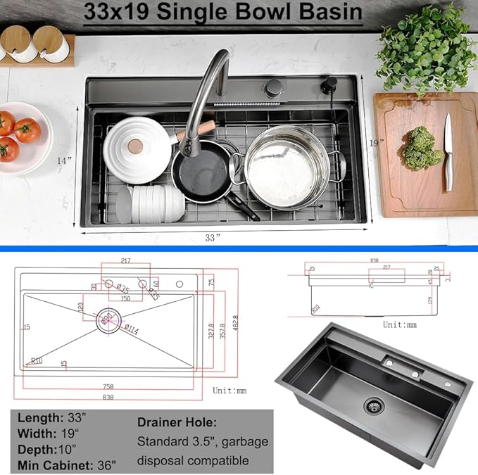 33 Undermount Kitchen Sink with Faucet, 33x19 Black Stainless Steel Workstation Undermount Waterfall Kitchen Sink Dual Mount Pull Down Sprayer Faucet