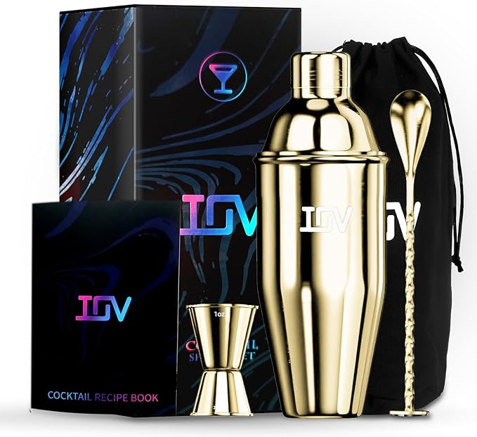 IOV Cocktail Shaker Bar Set, 24oz Martini Shaker with Built-in Strainer, Bar Tool Kit with Recipes Booklet, Professional Stainless Steel Large Bartender Drink Shaker Margarita Alcohol Mixer- Gold