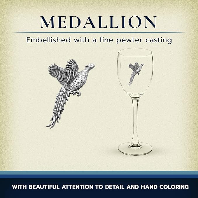 Heritage Pewter Pheasant Glass Goblets – Set of 2 | 12 OZ Goblet Wine Glasses | Expertly Crafted Pewter Glass