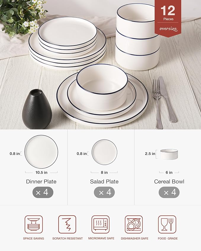 Famiware Porcelain Dinnerware Set, 12-Piece Modern Plate and Bowl Set, Dish Set for 4, Microwave and Dishwasher Safe Tableware, White with Blue Trim