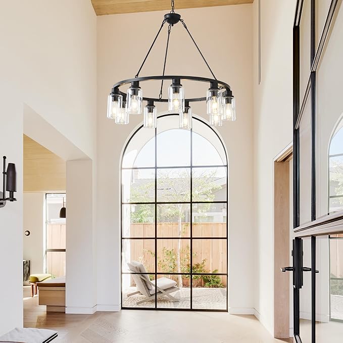 32“ Black Wagon Wheel Chandelier, 9-Light Farmhouse Glass Pendant Lights Kitchen Island Round Hanging Lighting fixtures Ceiling for Living Room, Dining Room, Kitchen Island, Entryway, Foyer