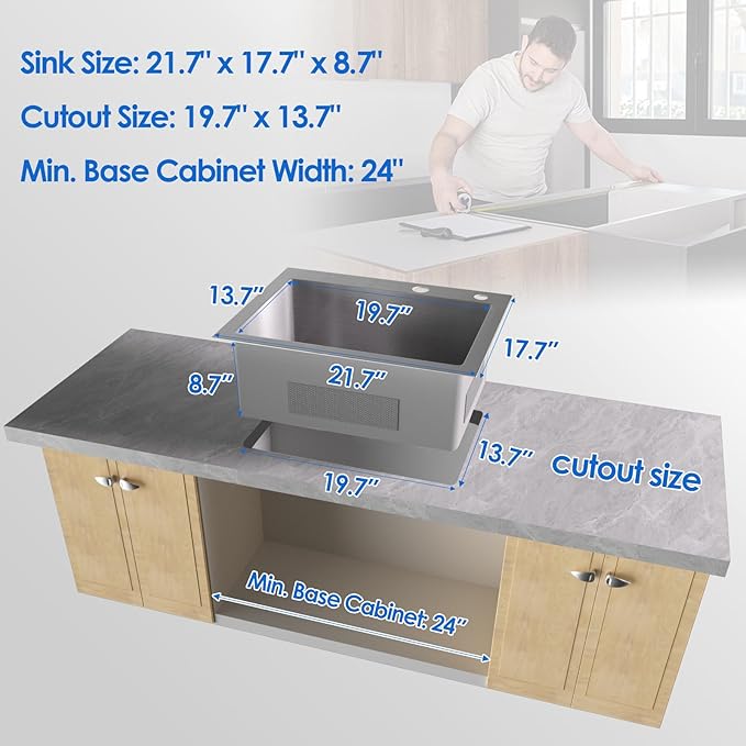 ROVOGO 21.7x17.7x8.7 in. Kitchen Sink Drop-in 304 Stainless Steel Single Bowl 2-Hole, Top Mount Handmade Bar Prep Sink, Brushed