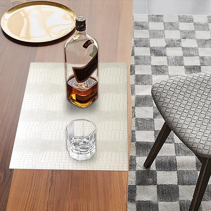 Faux Leather Hardboard Placemats, Set of 6 PU Table Mats, Easy to Clean, Heat & Stain Resistant for Office Conference Table, Dining Home Decor, White