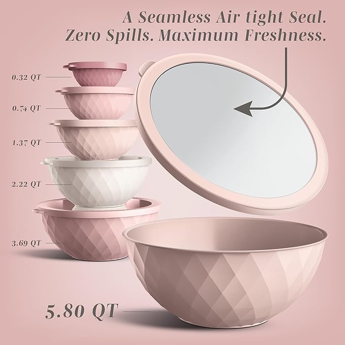 COOK WITH COLOR Mixing Bowls with Lids - 12 Piece Plastic Nesting Bowls Set includes 6 Prep Bowls and 6 Lids, Diamond Design - Microwave Safe, Pink