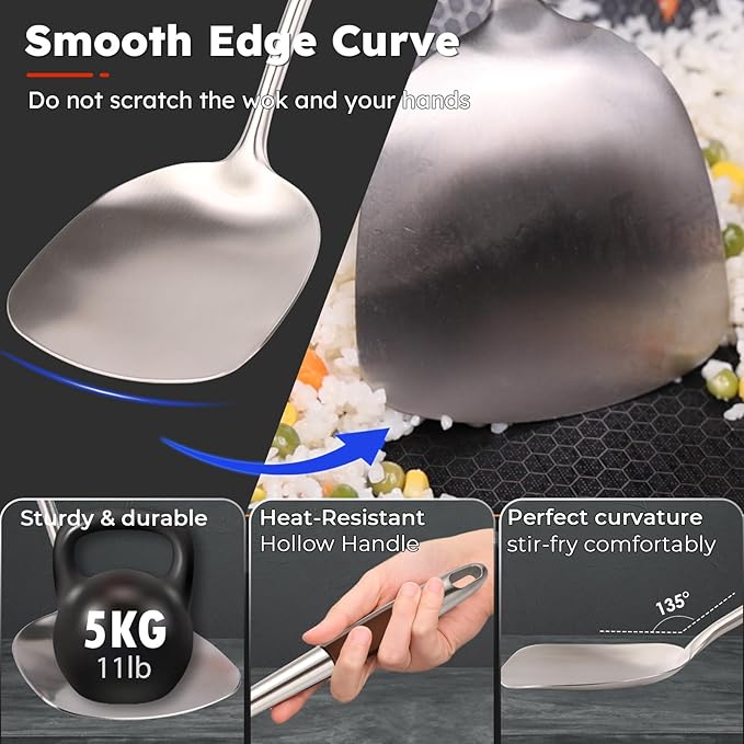 MARTE 17’’ Cooking Utensils Set，304 Stainless Steel Kitchen Spatula Set of 4,Heat Resistant Long Kitchen Utensil for Cooking，Wok Spatula, Soup Ladle, Slotted Spoon,Turner，BPA Free