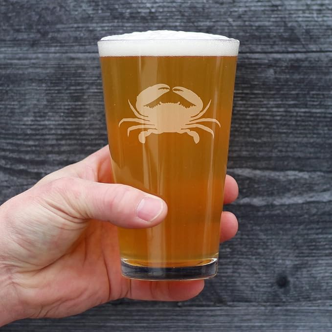 Crab Pint Glass for Beer - Beach Themed Decor and Gifts for Ocean Lovers - Engraved Silhouette - 16 Oz Glasses