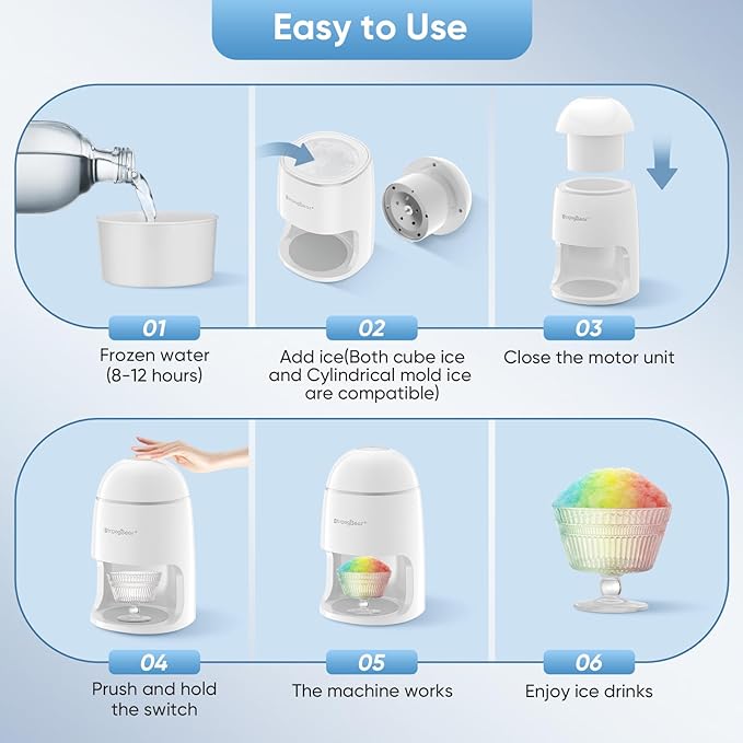StrongBear Snow Cone Shaved Ice Machine, Electric Ice Shaver Slushie Machine, Snowcone Maker for Home Kids Summer Party, Includes 2 Reusable Ice Mold Cups, 1 Glass Goblet, 1 Non-slip Mat, White