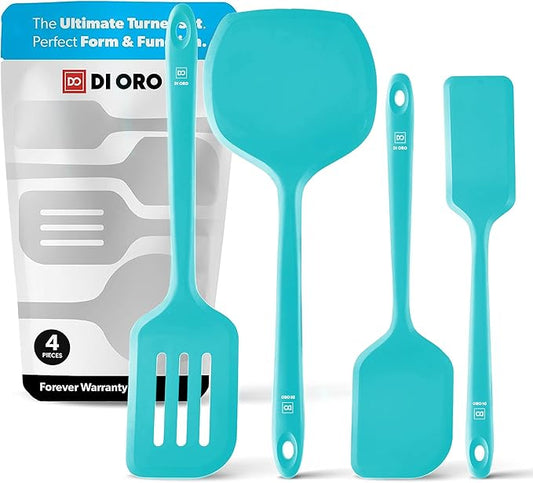 New DI ORO Silicone Turner Spatula Set - Kitchen Spatulas for Nonstick Cookware - Cooking Utensils for Flipping Eggs & Pancakes - 600°F Heat-Resistant BPA Free Turners - Dishwasher Safe (4pc, Teal)