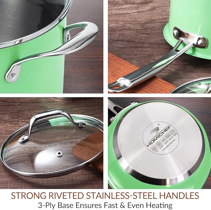 HOMICHEF 10-Piece Mint Green Nickel Free Stainless Steel Cookware Set - Nickel Free Stainless Steel Pots and Pans Set - Healthy Non-Toxic Induction Cookware Sets