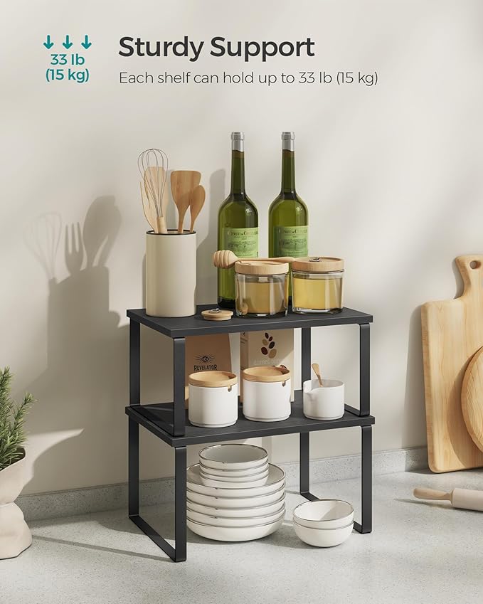 SONGMICS Cabinet Organizer Shelf, Set of 4 Kitchen Counter Shelves, Kitchen Storage, Spice Rack, Stackable, Expandable, Metal and Engineered Wood, Ink Black and Ebony Black UKCS027B01