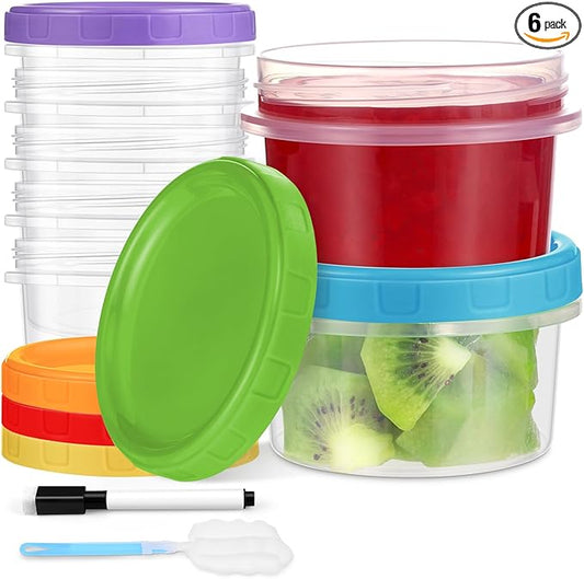 8 oz Plastic Containers with Lids, 6 Pack Stackable Small Freezer Container, Reusable Clear Food Storage Meal Prep Containers for Snack Fruit, Microwave & Dishwasher Safe, with Pen & Brush