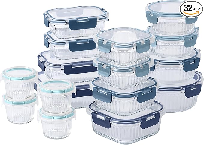 COOK WITH COLOR Premium 32-Pc. Borosilicate Glass Food Container Set with Dividers - 4 Rectangles, 8 Rounds, 4 Squares - Leakproof Lids - Meal Prep, Storage, Fluted Ombre Blue