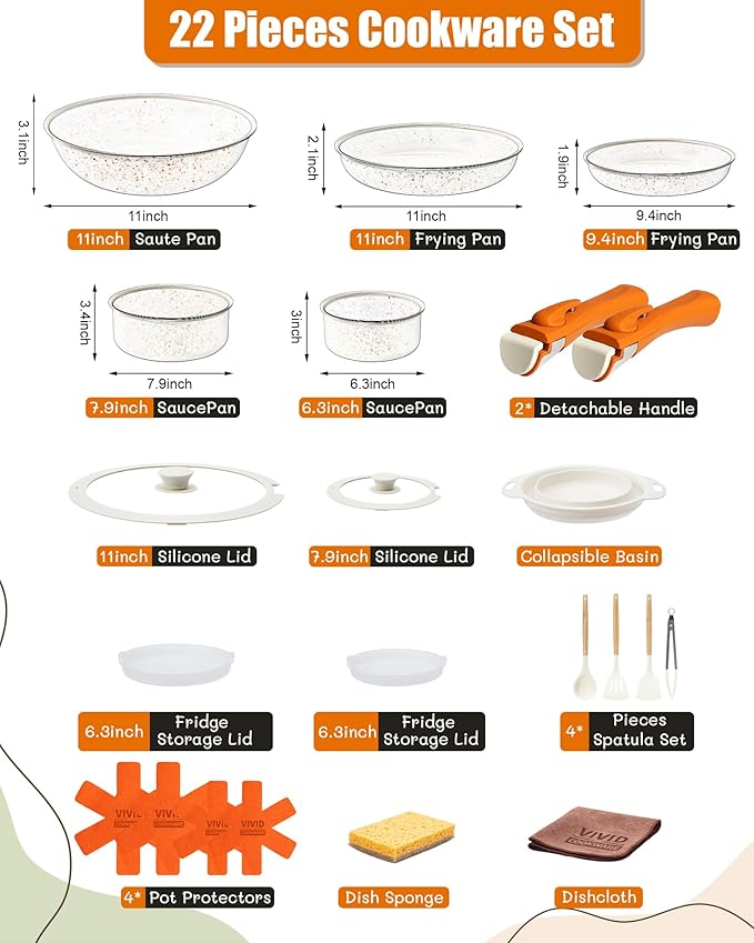 22-Piece Non-Stick Pots and Pans Set, Ceramic Cookware Set with PFAS-Free, Stackable & Detachable Handles, Orange