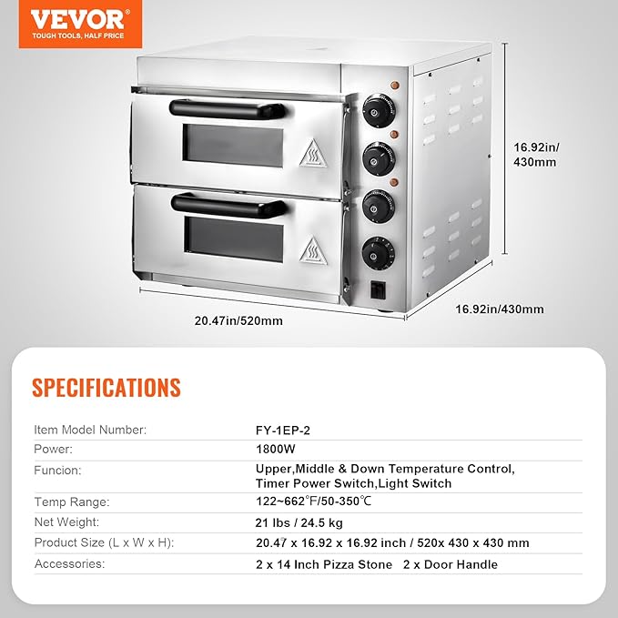 VEVOR Commercial Pizza Oven Countertop, 14" Double Deck Layer, Stainless Steel Electric Pizza Oven with Stone and Handle, Multipurpose Indoor Pizza Maker for Restaurant Home Pretzels Baked