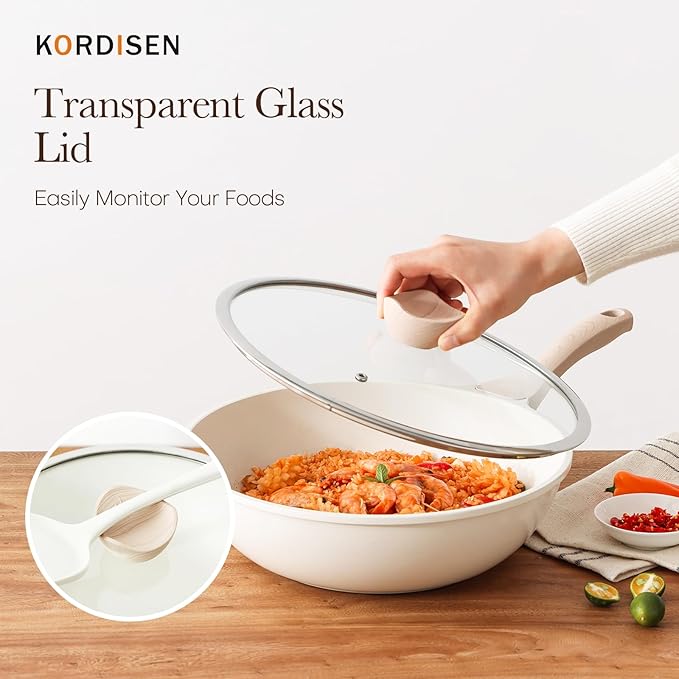 Nonstick Wok with Lid, 12 Inch Woks & Stir-fry Pans, Healthy Coating Induction Cookware, Compatible with All Stovetops, PFOA Free (Cream White)