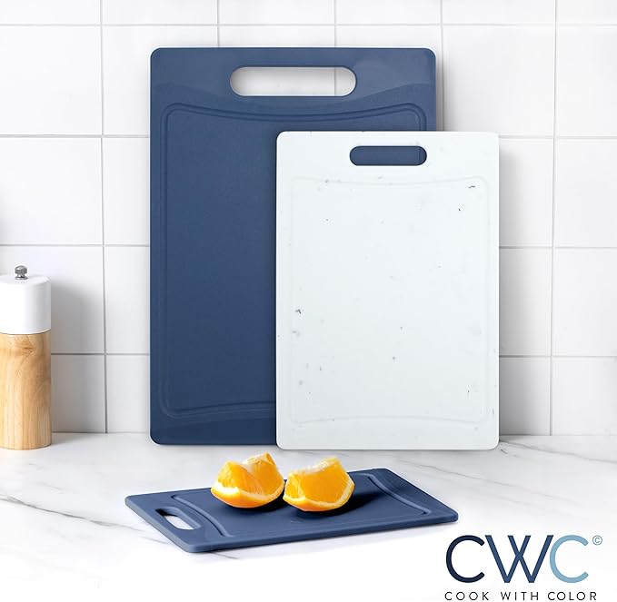 COOK WITH COLOR Non-Slip Cutting Board Set – Kitchen Essentials with Easy Grip Handle for Meat, Veggies, and Fruits, 3 Cutting Boards, Blue and White Marble