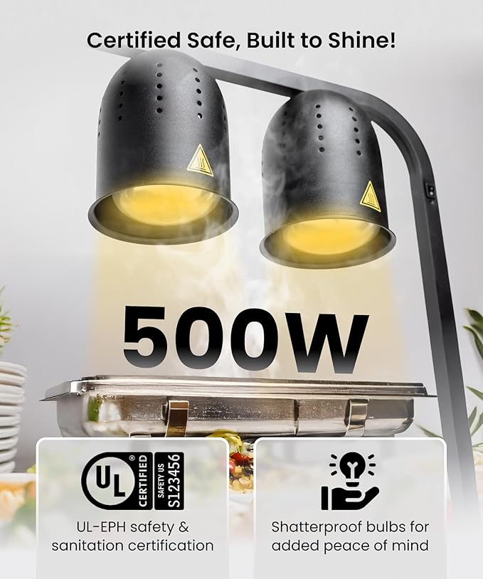 SYBO DL2112 Commercial Grade Food Heat Lamp, Portable Electric Food Warmer, 2-Bulb 500W with Free-Standing, Black