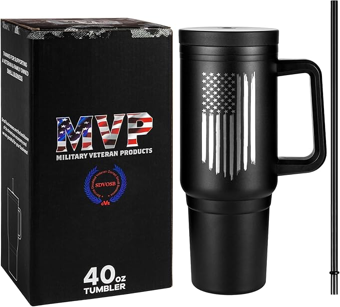 40oz Insulated American Flag Tumbler with Handle, Lid & Straw - USA Gifts - Use for Water, Tea, Coffee & More-Flag 40oz Tumbler