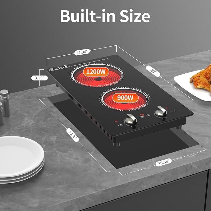 2 Burner Electric Cooktop - 12 Inch Electric Stove Top with Plug, 2100W Countertop Burners & Built-In Stove Top, 9 Levels of Power, Knob Control, Timer & Kid Safety Lock, Residual Heat Warning