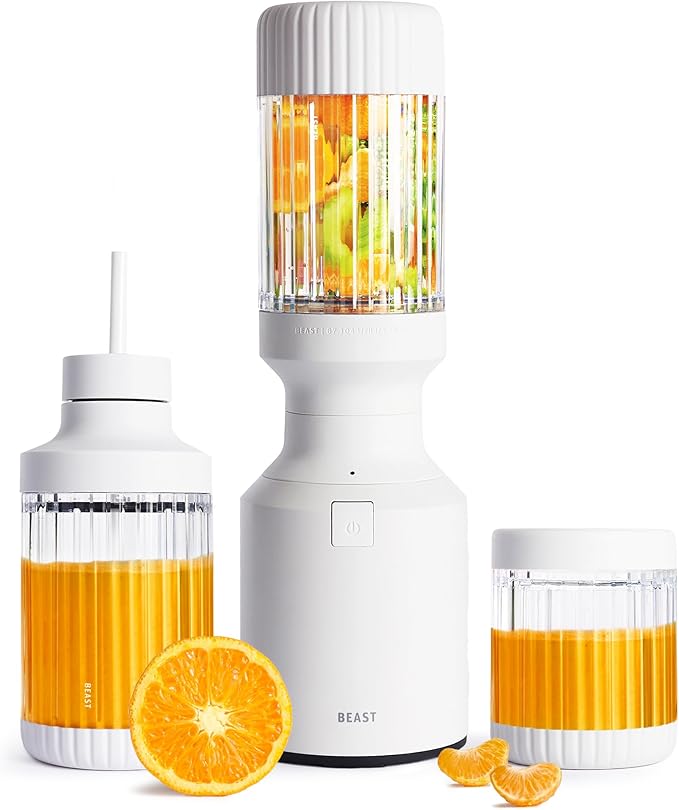 The Beast Mini Blender Plus | Mini Countertop Kitchen Blender | Blend Smoothies and Shakes, Dressings, Sauces, Dips | Extra Vessels, Straw Cap and Straws Included | 600W (Cloud White)