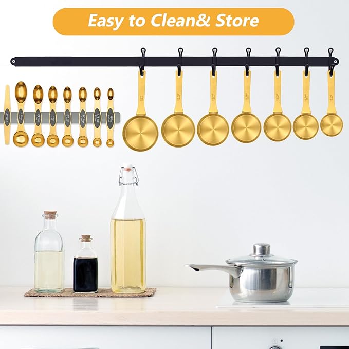 GuDoQi 15pcs Gold Magnetic Measuring Spoons and Cups Set, Stainless Steel 8 Dual Sided Magnetic Measuring Spoons set with Leveler, 7 Cups, Measurement for Liquid and Dry Ingredients for Kitchen