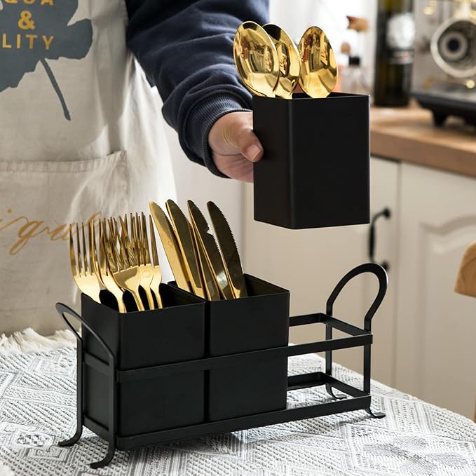 Flatware, Cutlery,Kitchen Utensil & Silverware Caddy Organizer Bin Holder for Forks, Spoons, Knives - Perfect for Kitchen Countertop- Black
