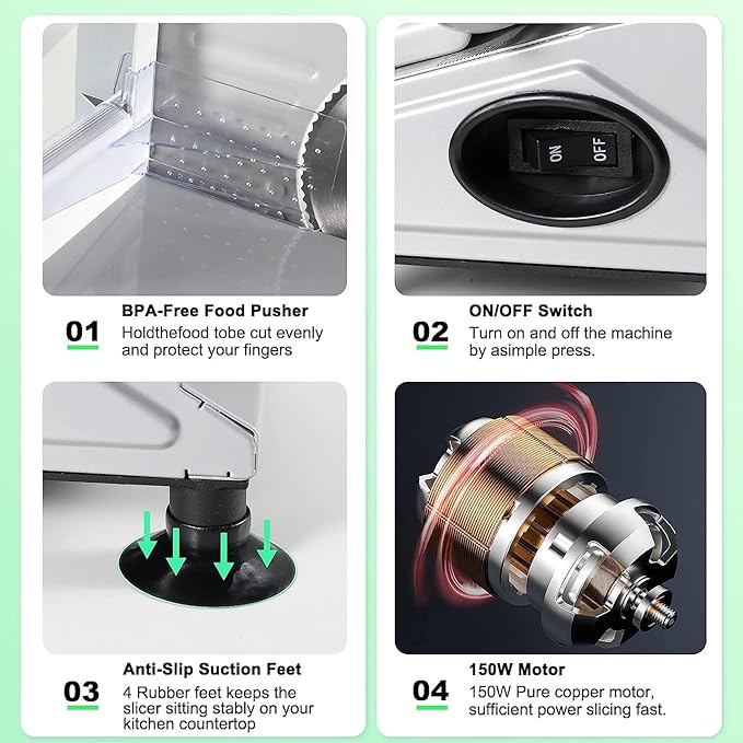 OSTBA Meat Slicer Machine for Home, Electric Deli Food Slicer with Removable 6.7” Stainless Steel Blades, 0-15mm Adjustable Thickness, Easy to Clean, 150W, Ideal for Cold Cuts, Cheese, Bread, Fruit