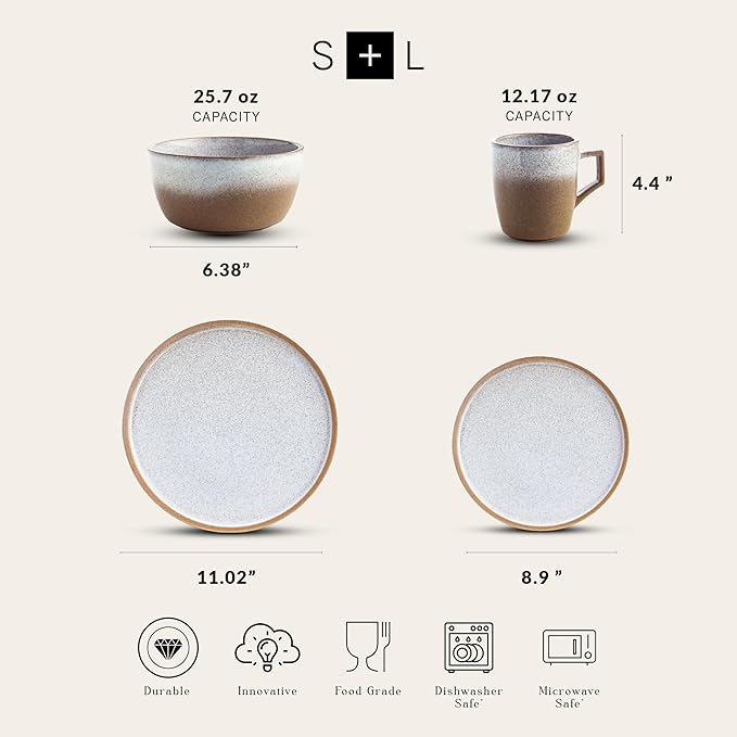 Stone Lain Vince Rustic Stoneware Reactive Glaze Dinnerware Set, Service for 4, Brown, 16 Piece