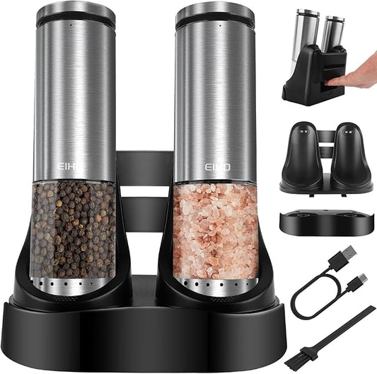 EIHO Electric Salt and Pepper Grinder Set USB Rechargeable, Upgraded External Adjustable Coarseness, Stainless Steel Automatic Salt and Pepper Shakers Mills with LED Light, House Warming Cooking Gifts