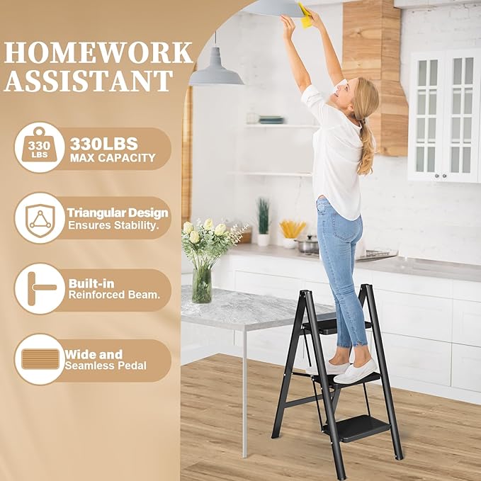 HBTower Step Ladder, Folding Step Stool, Portable Sturdy Steel Ladder Stool for Adults with Anti-Slip Wide Pedals Home Outdoor Kitchen, Black