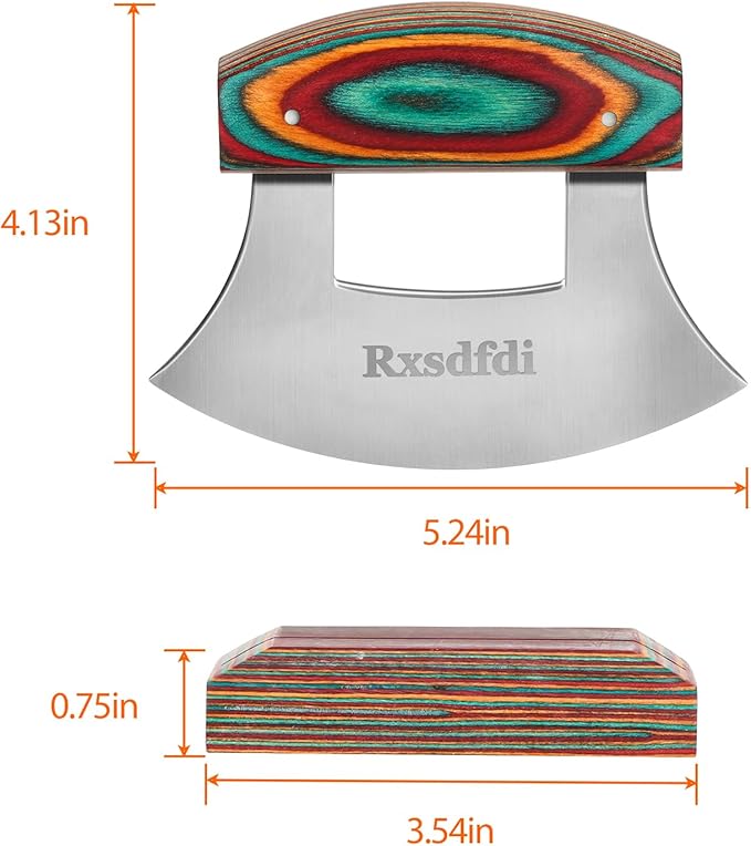 Pizza Cutter Rocker Knife, Sharp Ulu Knife with Wooden handle, Stainless Steel Blade Mincing Knives with Colored Wood Stand