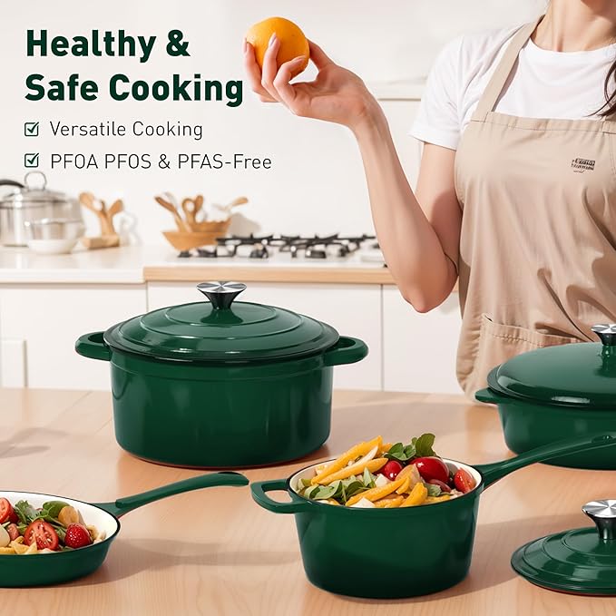 DishDelight Enameled Cast Iron Cookware Set, 7 Piece Set of Dutch Ovens, Sauce Pan, Skillet, 3 Lids, Ceramic Coated Cast Iron Dutch Oven Set, Round Dutch Oven Pot for Sourdough Bread Baking, Green