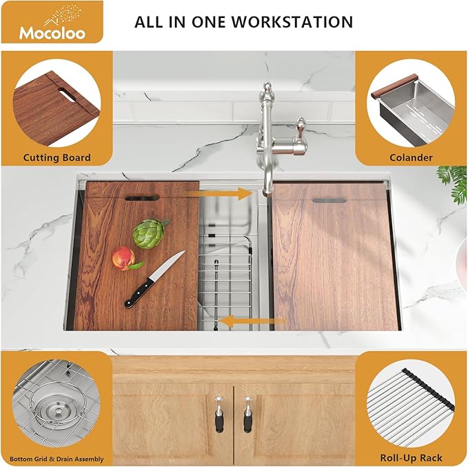 Mocoloo Double Bowl Kitchen Sinks - 60/40 Undermount Double Bowl 16 Gauge Low Divide Workstation 33 x 19 Inch Stainless Steel Kitchen Sink Handmade, 10'' Deep Basin