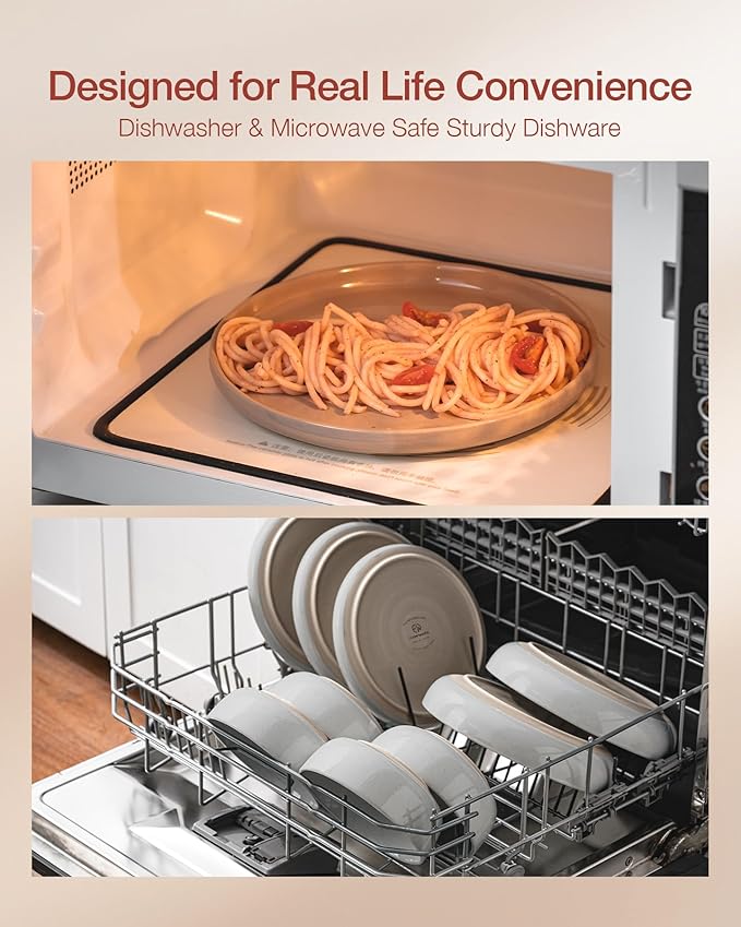 Famiware Milkyway Stoneware Dinnerware Sets with Pasta Bowls, Service for 4 (16 Pieces), Plates and Bowls Sets -Scratch Resistant, Microwave and Dishwasher Safe Dishes Set, Light Gray