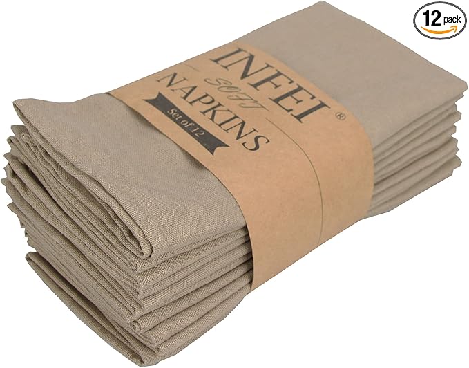 Solid Color Linen Blended Thin Dinner Cloth Napkins - Set of 12 (40 x 40 cm) - for Events & Home Use (Khaki)